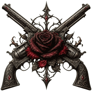 Crossed revolvers and a rose
